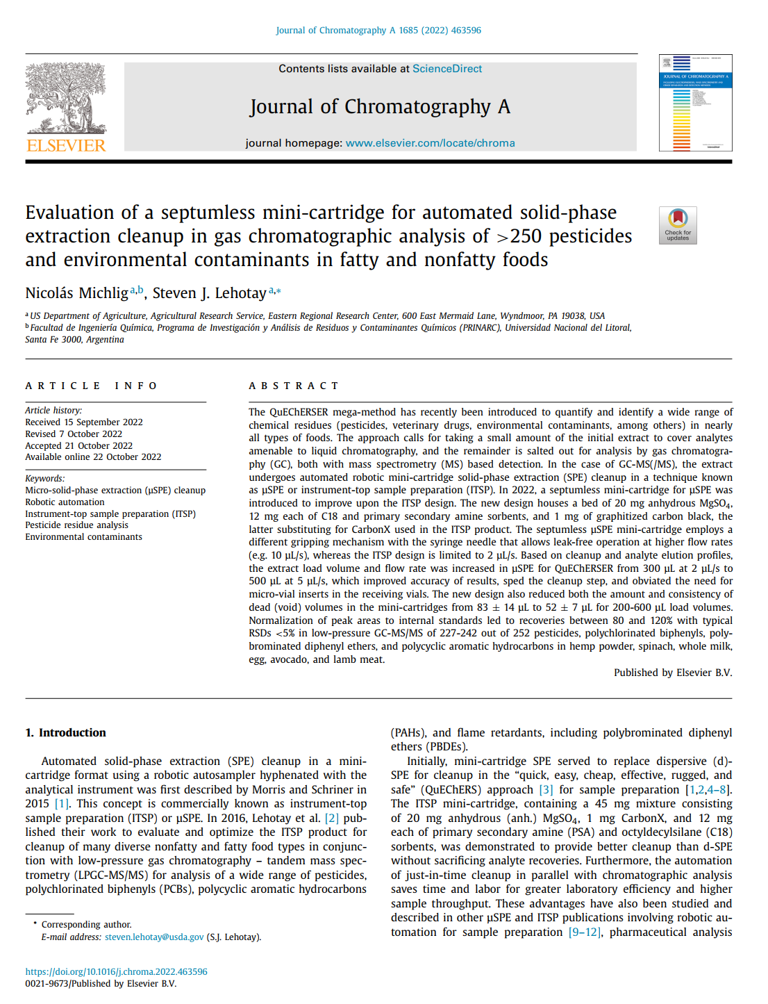 Michlig, Lehotay - 2022 - Evaluation of a septumless mini-cartridge for automated solid-phase extraction cleanup in gas chromatographic